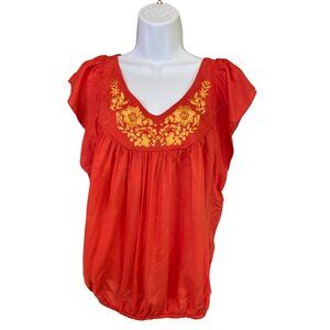 Unity World Plus Size PL Red Embroidered Peasant Top Boho Flutter Sleeve Blouse
